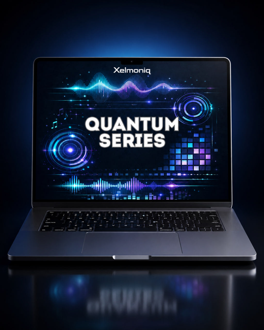 An open silver laptop on a dark reflective surface, displaying a futuristic blue and purple digital interface with the text 'Xelmoniq' and 'QUANTUM SERIES' on the screen.