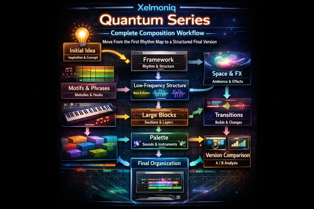 A digital infographic titled 'Xelmoniq Quantum Series' showing a composition workflow with colorful labeled boxes such as 'Initial Idea,' 'Framework,' 'Space & FX,' 'Transitions,' and 'Version Comparison' connected by arrows on a dark cosmic background.