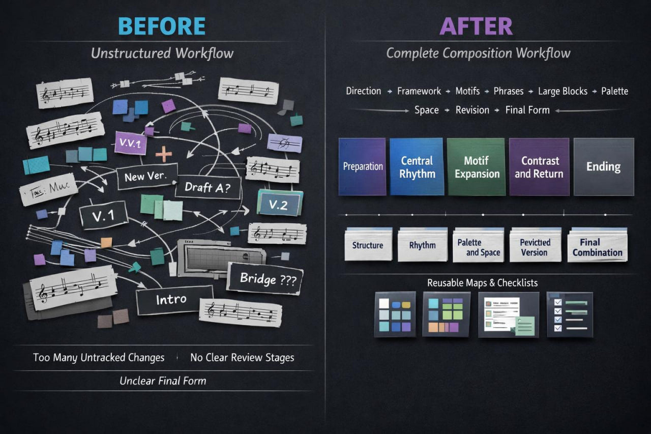 A blackboard-style comparison graphic titled 'BEFORE' and 'AFTER' showing a workflow comparison. The left side, labeled 'BEFORE Unstructured Workflow,' contains scattered music notation, sample labels, and arrows with notes of unclear final form.