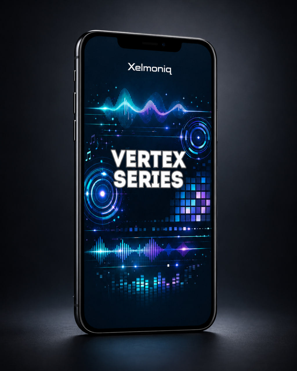 A smartphone shown upright against a dark studio background, displaying a digital cover design with the text 'Xelmoniq' and 'VERTEX SERIES' in glowing blue, purple, and white graphics.