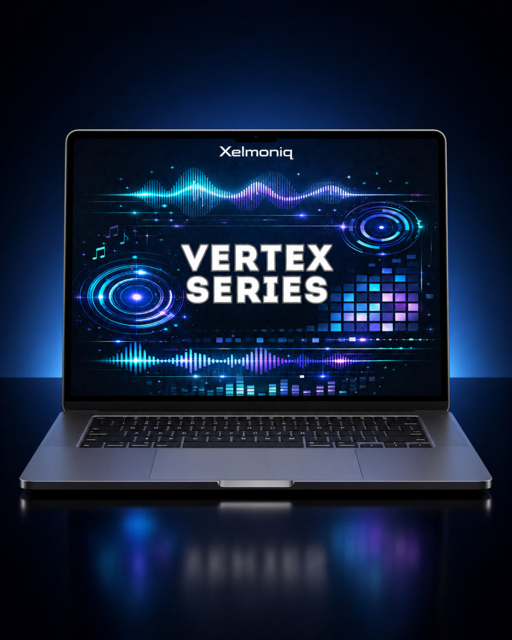 An open laptop on a dark reflective surface, displaying a blue and purple digital graphic with the text 'Xelmoniq' and 'VERTEX SERIES' on the screen.
