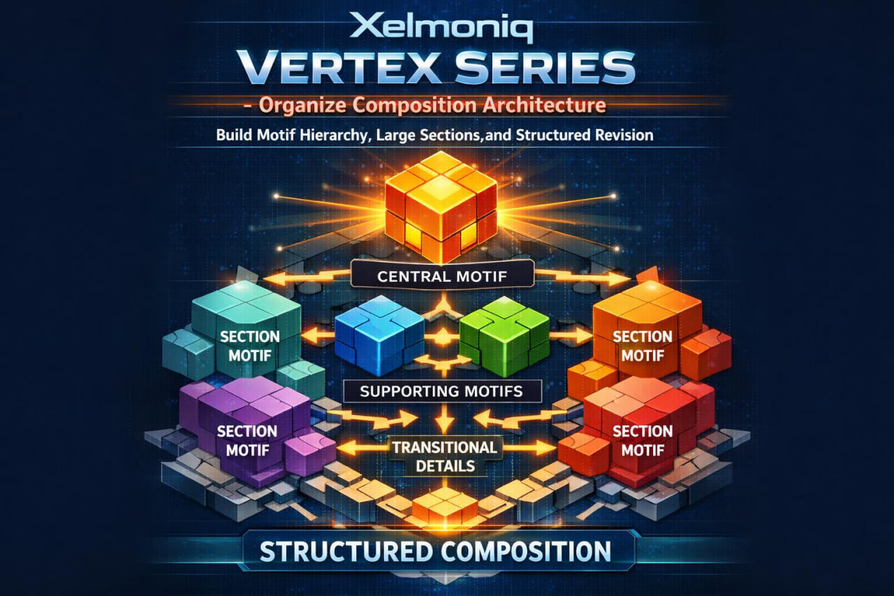 A digital graphic titled 'Xelmaniq Vertex Series' showing a stylized isometric composition diagram with colorful geometric blocks labeled 'Central Motif,' 'Section Motif,' 'Supporting Motifs,' and ' Transitional Details' on a dark blue background.