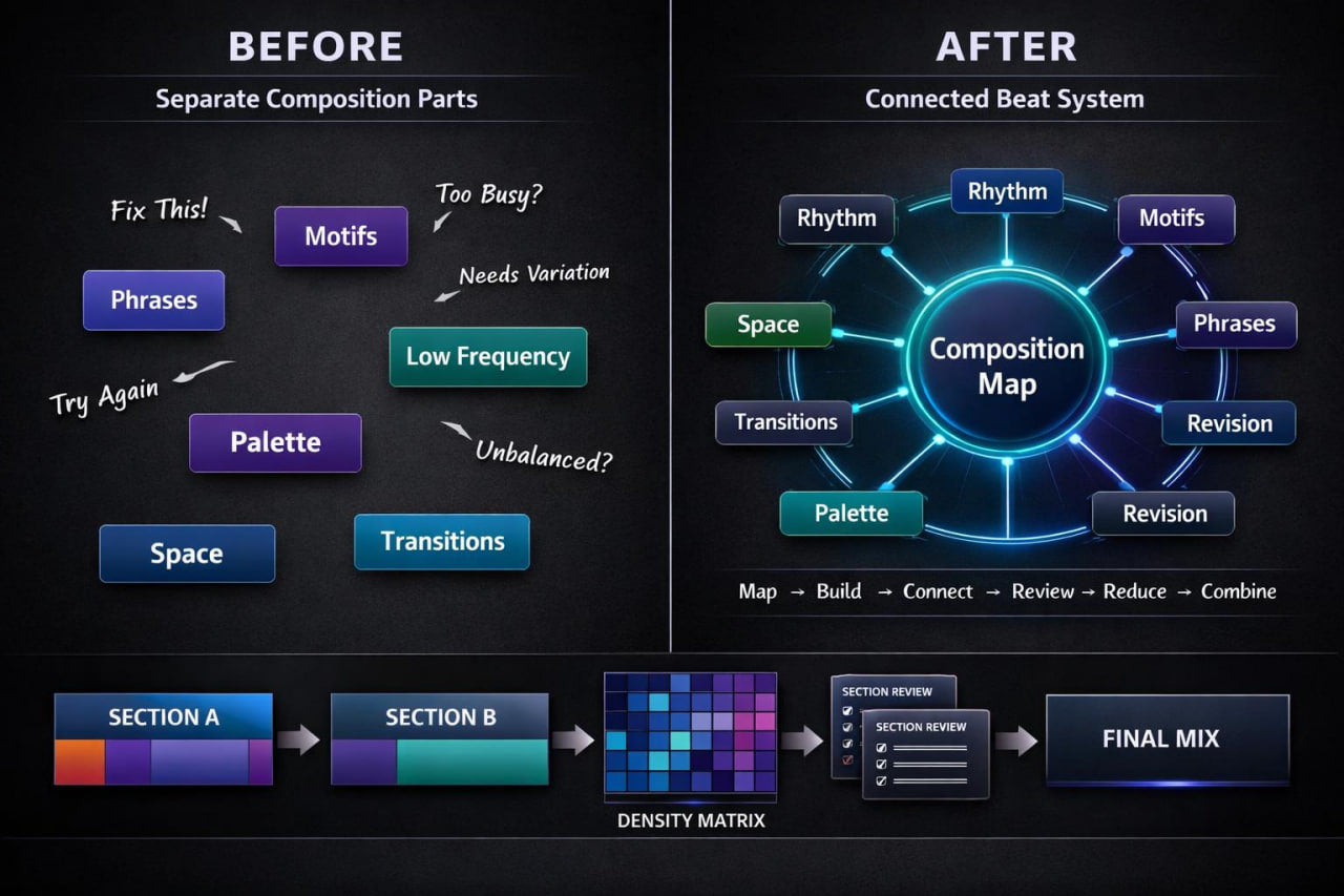 A dark promotional graphic comparing a traditional music production workflow labeled 'BEFORE' with a new 'AFTER' 'Connected Beat System'. The left side shows separate composition parts like motifs, phrases, palette, and space.