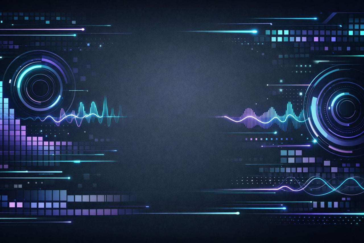 A dark futuristic digital background with glowing blue, cyan, and purple tech graphics, including circular HUD elements, waveform lines, and pixelated blocks arranged symmetrically around a central empty area.
