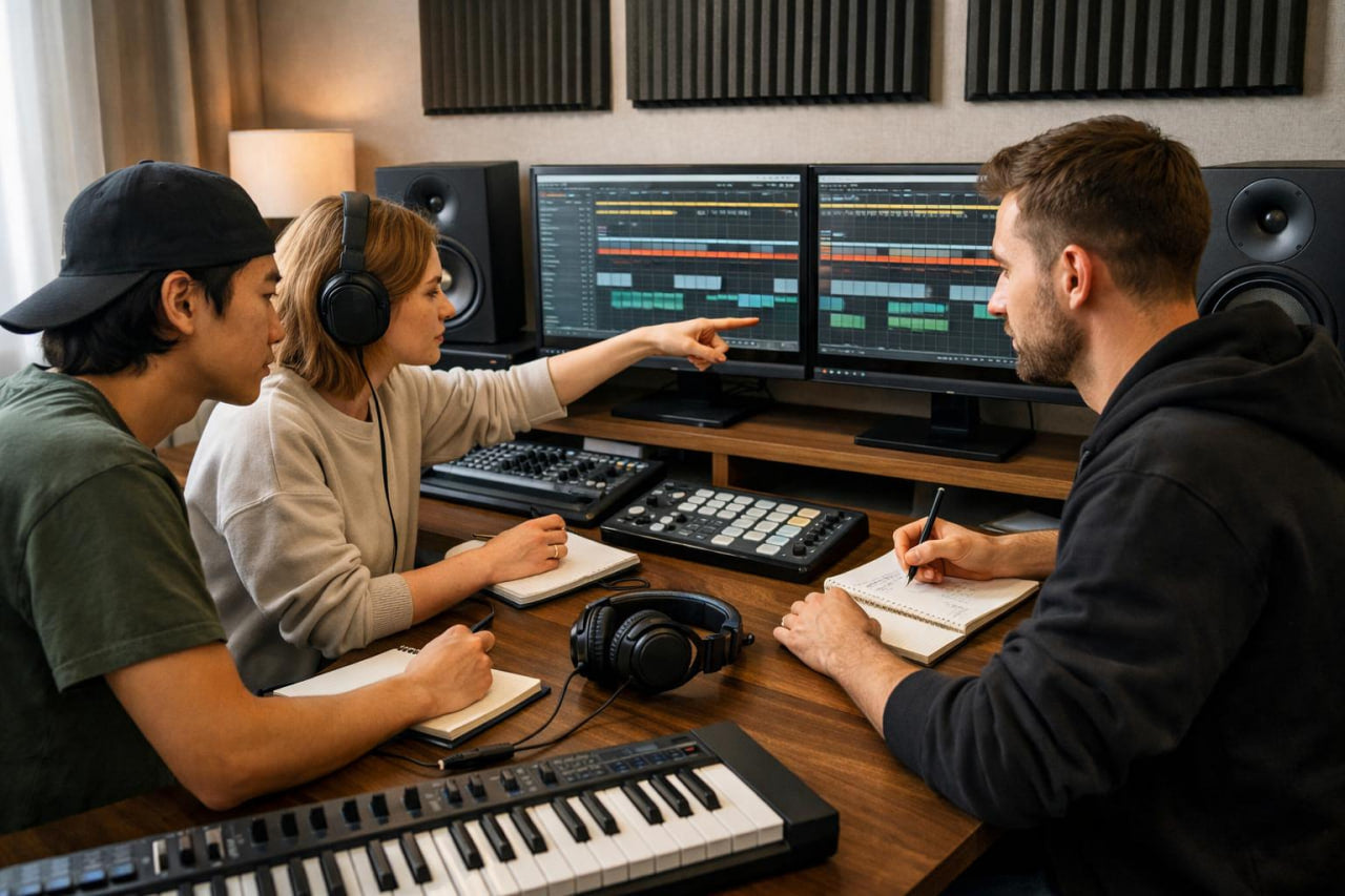 Three people collaborating in a home studio or music production room, seated around a desk with dual computer monitors showing audio software, mixing boards, headphones, notebooks, and a keyboard. The room has acoustic panels on the wall and warm ambient lighting.
