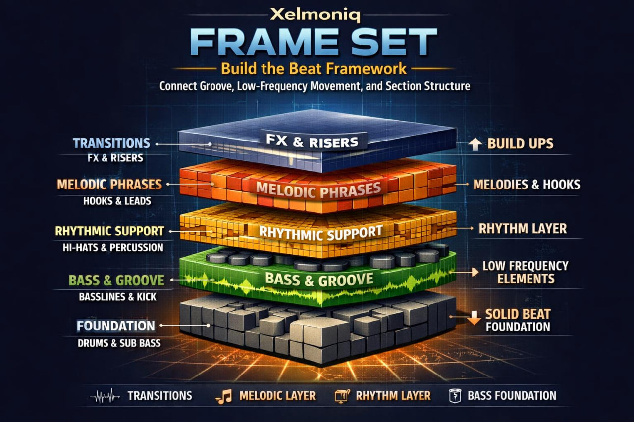 An infographic-style graphic titled 'Xelmoniq FRAME SET' showing a layered music production framework with labeled sections: FX & Risers, Melodic Phrases, Rhythmic Support, Bass & Groove, and Foundation, plus callouts such as Build Ups, Melodies & Hooks, Rhythm Layer, and Solid Beat Foundation on a dark blue background.