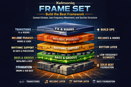 An infographic-style graphic titled 'Xelmoniq FRAME SET' showing a layered music production framework with labeled sections: FX & Risers, Melodic Phrases, Rhythmic Support, Bass & Groove, and Foundation, plus callouts such as Build Ups, Melodies & Hooks, Rhythm Layer, and Solid Beat Foundation on a dark blue background.