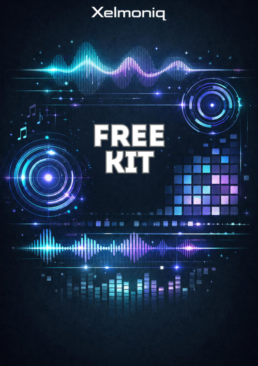Digital cover art for a music sample pack or audio 'FREE KIT' by Xelmoniq, featuring glowing blue, purple, and cyan soundwave graphics, circular target elements, and a pixel-style grid on a dark textured background.
