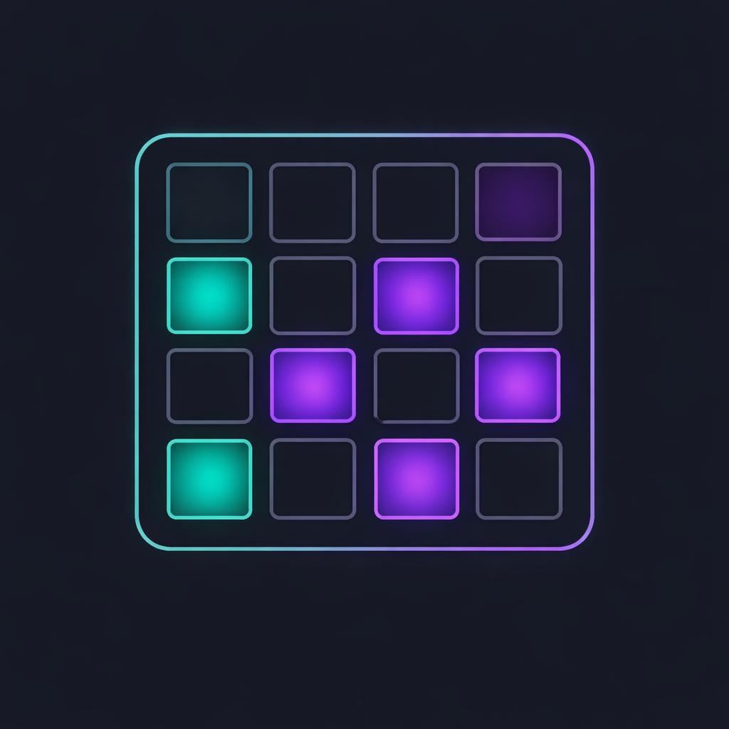 A neon-style 4x3 grid icon on a dark background, with glowing square tiles in cyan, purple, and magenta tones.
