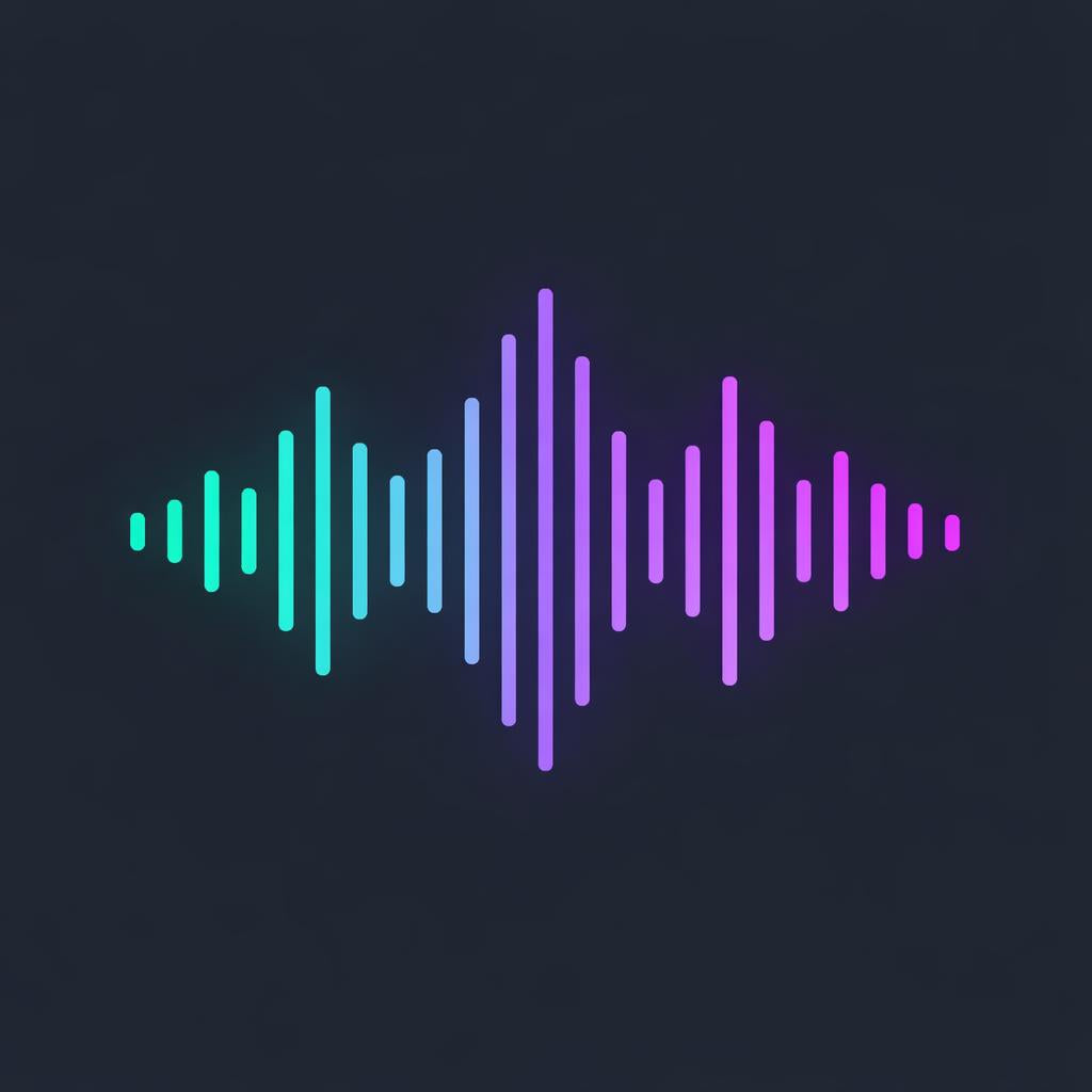 A stylized audio waveform graphic with vertical bars transitioning from teal and cyan on the left, through light blue in the center, to purple and magenta on the right, set on a dark charcoal background.