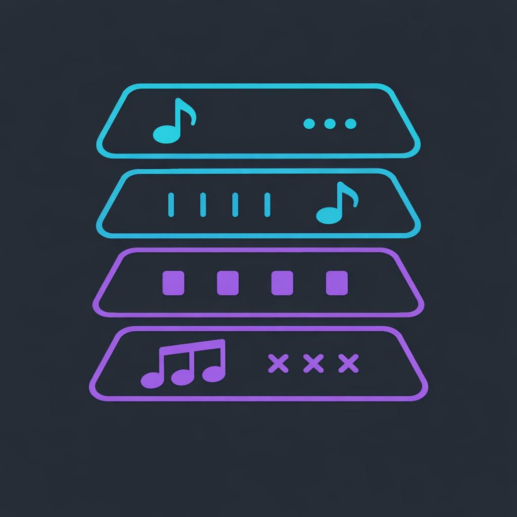 A stylized stack of four rounded rectangular panels with music-themed icons, shown in cyan and purple outlines on a dark charcoal background.