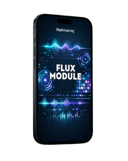 A black smartphone shown from the back, featuring a screen display with blue and purple digital graphics and the text 'Xelmoniq' and 'FLUX MODULE'.