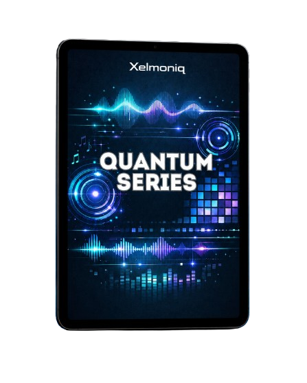 A tablet device shown front-on against a plain white background. The screen displays the Xelmoniq brand name and a dark futuristic graphic with the text 'QUANTUM SERIES' in white, along with blue and purple audio waveform and pixel-style visual effects.