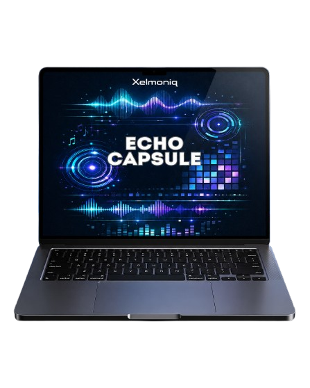 A dark gray Xelmoniq laptop shown open against a plain white background, with its screen displaying a blue and purple digital graphic and the words 'ECHO CAPSULE'.